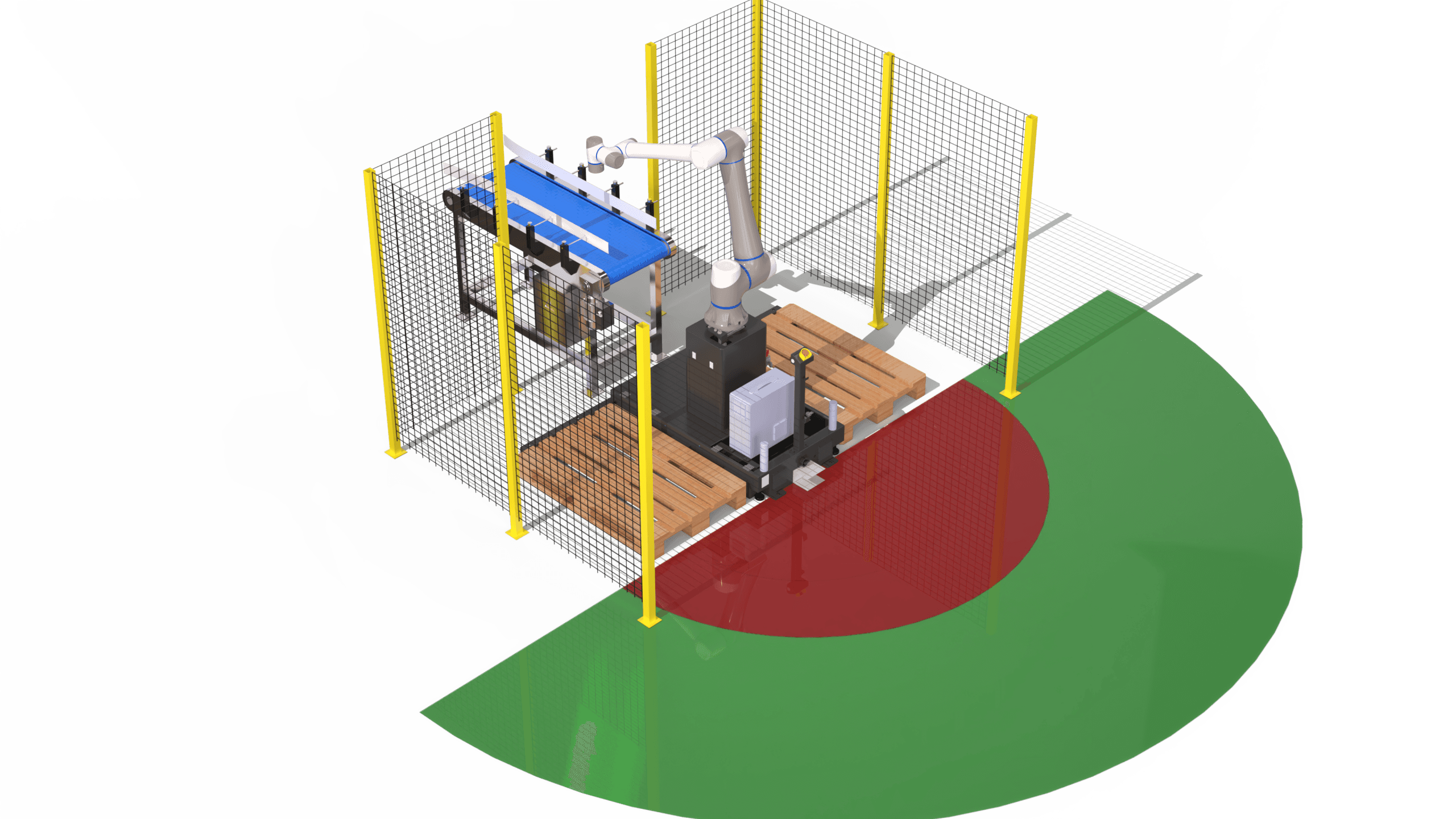 Hybrid palletizing safety solution with fencing and laser scanner